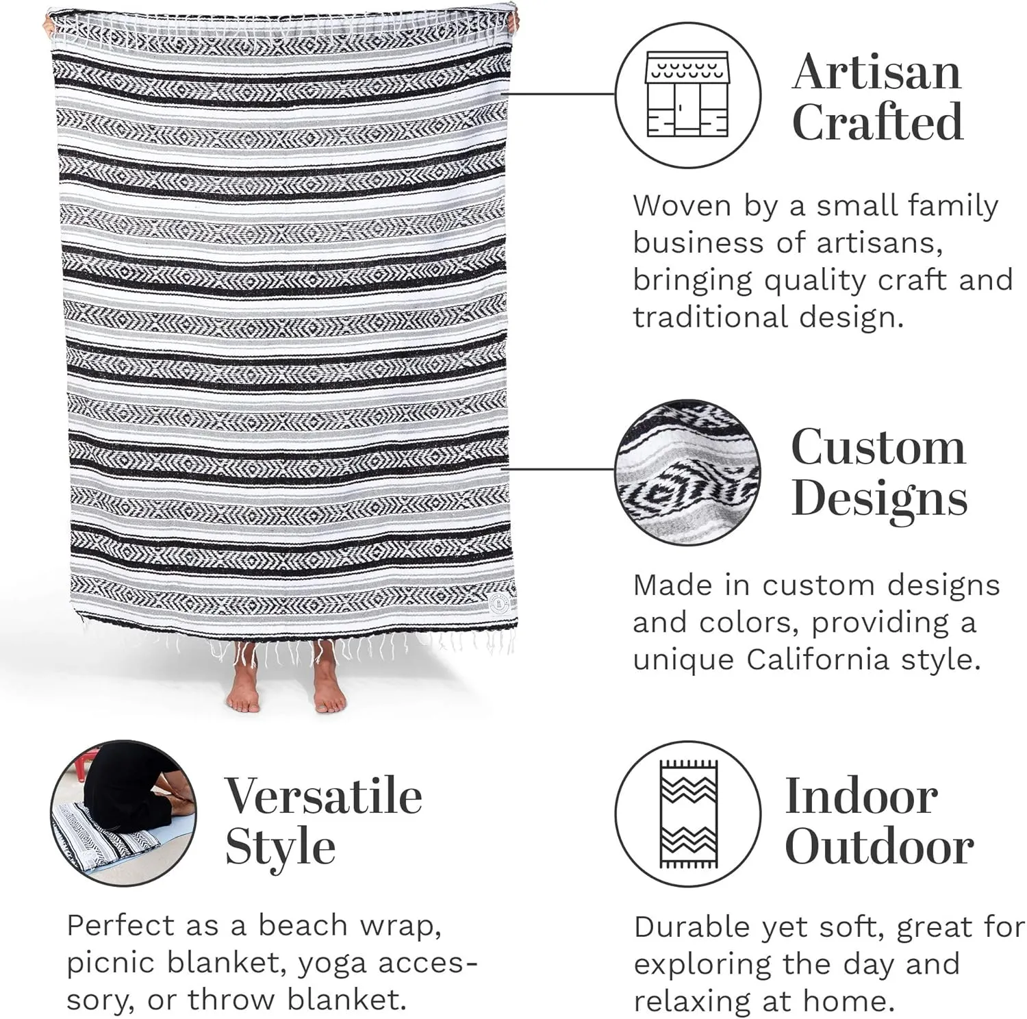 Black and Gray Mexican Blanket by Laguna Beach Textile Co - Beach, Yoga, Camping, or Decorative Throw Blanket - Traditional Handmade Serape - Gray Noir