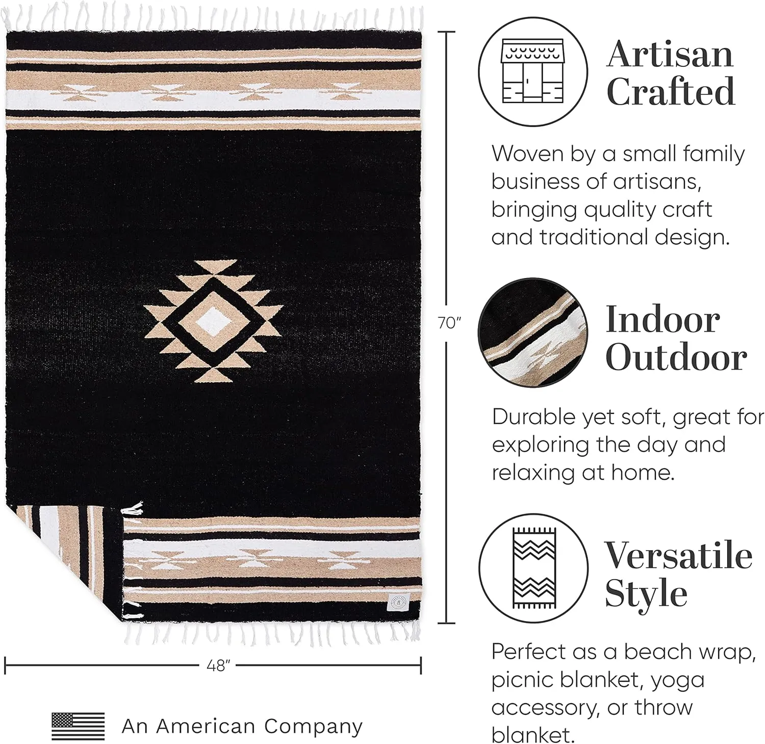 Black Mexican Blanket by Laguna Beach Textile Co - Beach, Yoga, Camping, or Decorative Throw Blanket - Traditional Handmade Serape - Black Baja