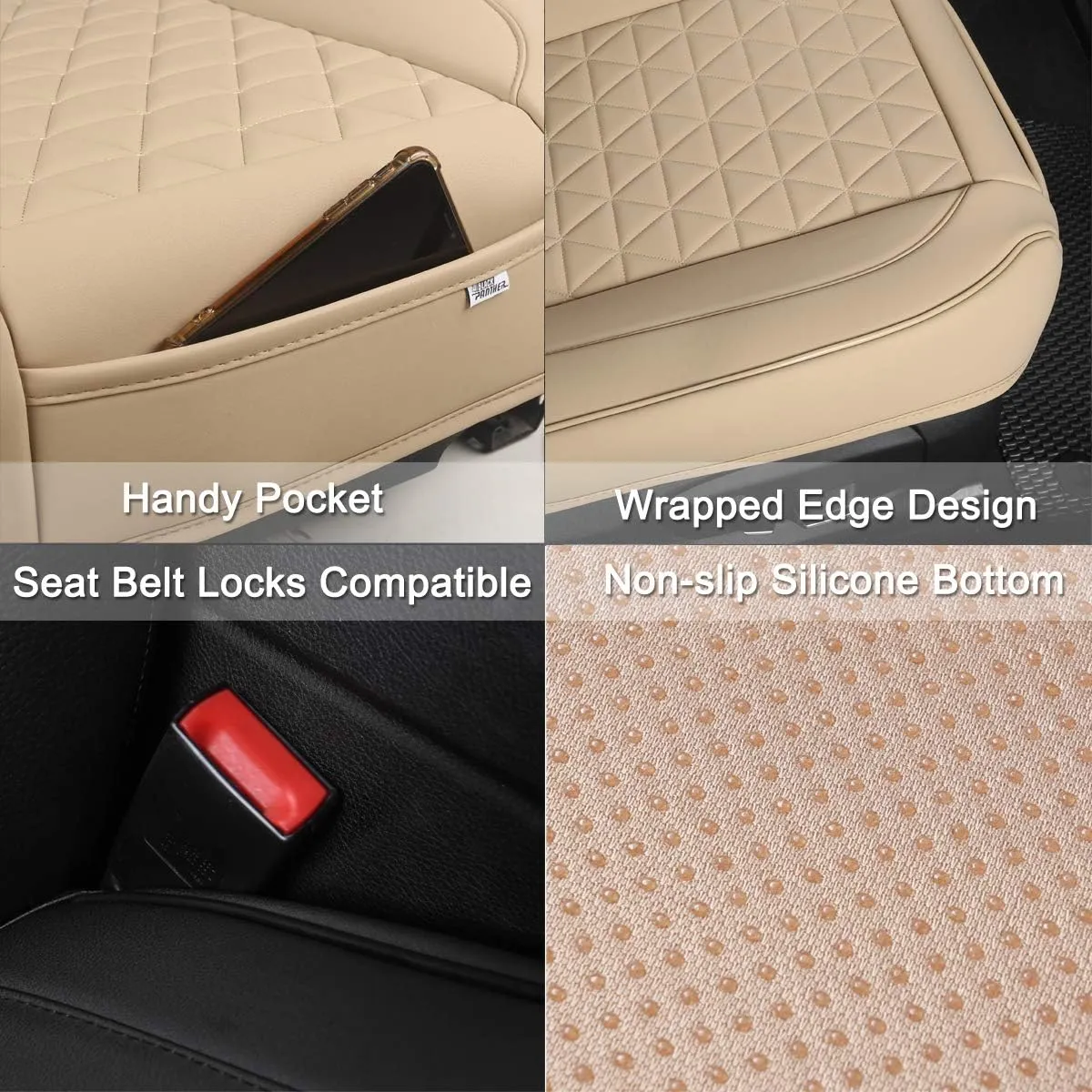 Black Panther Luxury Polyvinyl Car Seat Cover Front Bottom Seat Cushion Cover, Anti-Slip and Wrap Around The Bottom, Fits 95% of Vehicles - 1 Piece,Beige