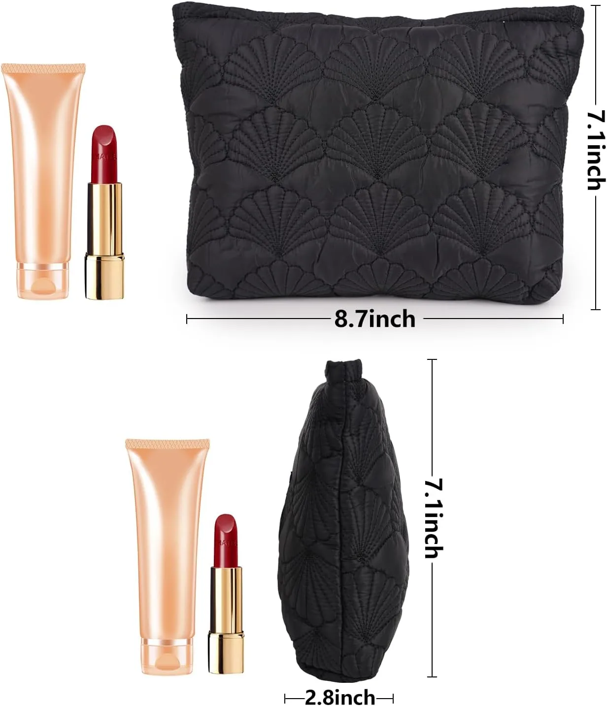 Black Quilted Makeup Bag, Cute Make Up Bag Organizer whith Shell Pattern, Cotton Cosmetic Bag for Women & Girls, Canvas Lined Pouch, Coquette Organizer purse(Black Shell Medium)