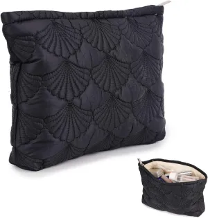 Black Quilted Makeup Bag, Cute Make Up Bag Organizer whith Shell Pattern, Cotton Cosmetic Bag for Women & Girls, Canvas Lined Pouch, Coquette Organizer purse(Black Shell Medium)