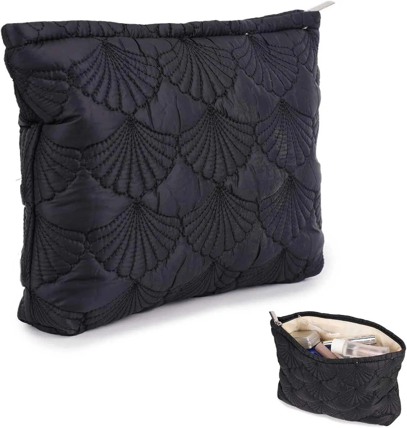 Black Quilted Makeup Bag, Cute Make Up Bag Organizer whith Shell Pattern, Cotton Cosmetic Bag for Women & Girls, Canvas Lined Pouch, Coquette Organizer purse(Black Shell Medium)
