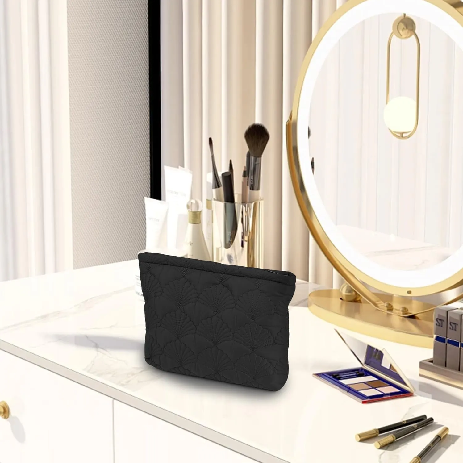 Black Quilted Makeup Bag, Cute Make Up Bag Organizer whith Shell Pattern, Cotton Cosmetic Bag for Women & Girls, Canvas Lined Pouch, Coquette Organizer purse(Black Shell Medium)