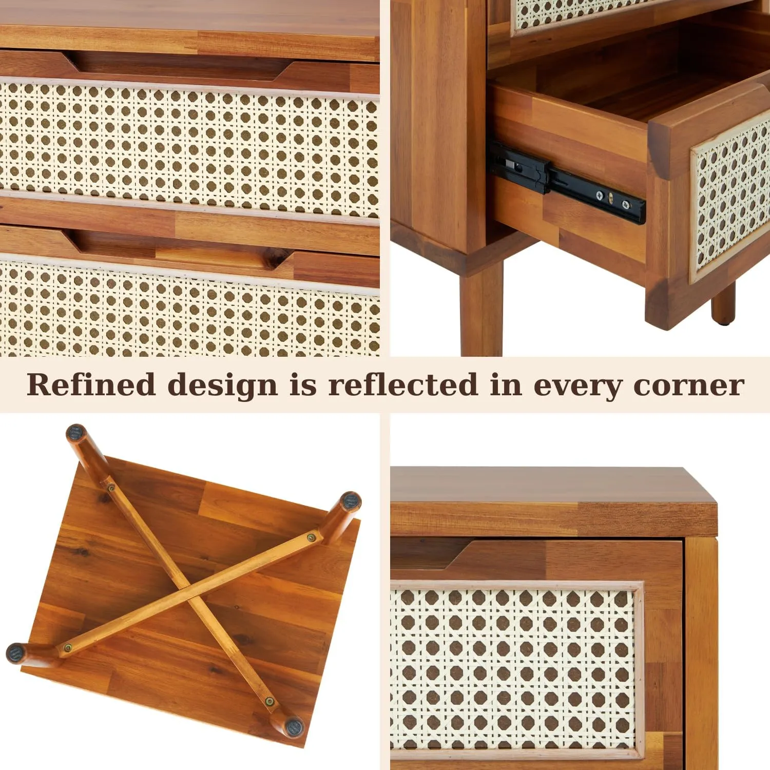 Bme Oliver Solid Wood Rattan Nightstand/Side Table/End Table, Fully Assembled, for Bohemian & Mid Century Style Bedroom and Living Room, Caramel