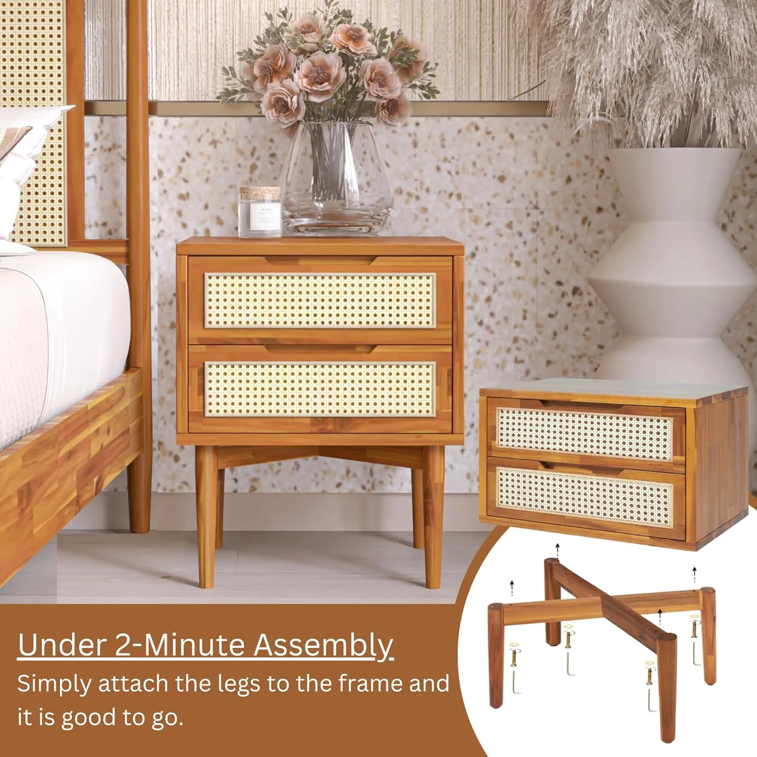 Bme Oliver Solid Wood Rattan Nightstand/Side Table/End Table, Fully Assembled, for Bohemian & Mid Century Style Bedroom and Living Room, Caramel