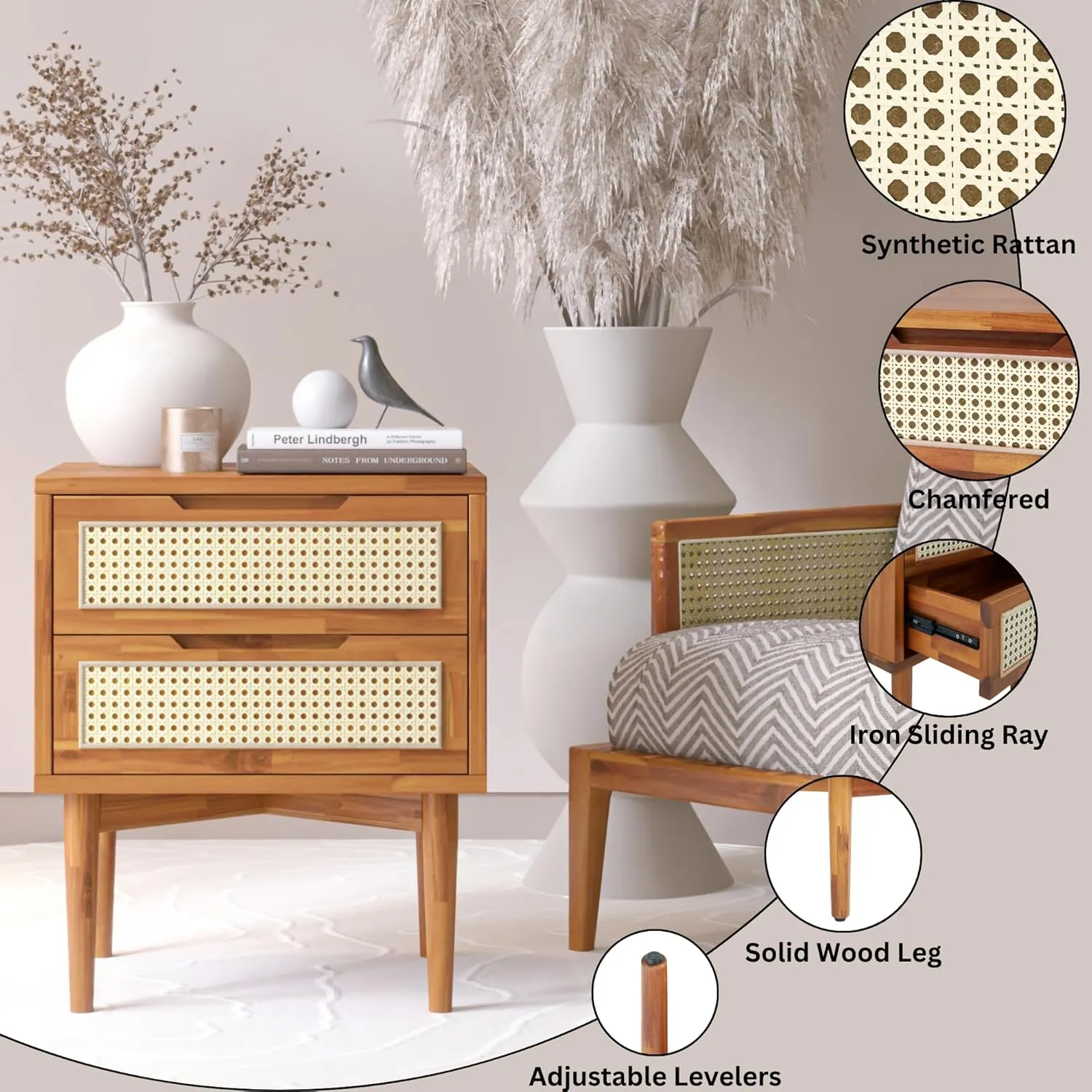 Bme Oliver Solid Wood Rattan Nightstand/Side Table/End Table, Fully Assembled, for Bohemian & Mid Century Style Bedroom and Living Room, Caramel