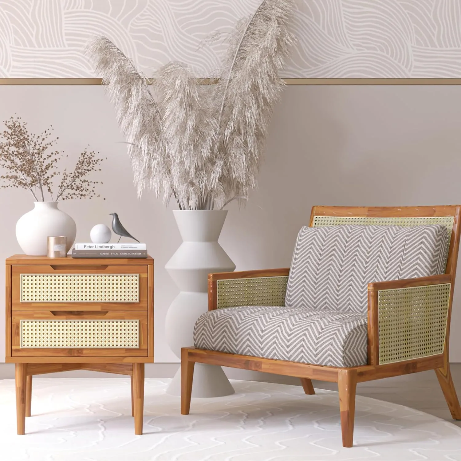 Bme Oliver Solid Wood Rattan Nightstand/Side Table/End Table, Fully Assembled, for Bohemian & Mid Century Style Bedroom and Living Room, Caramel