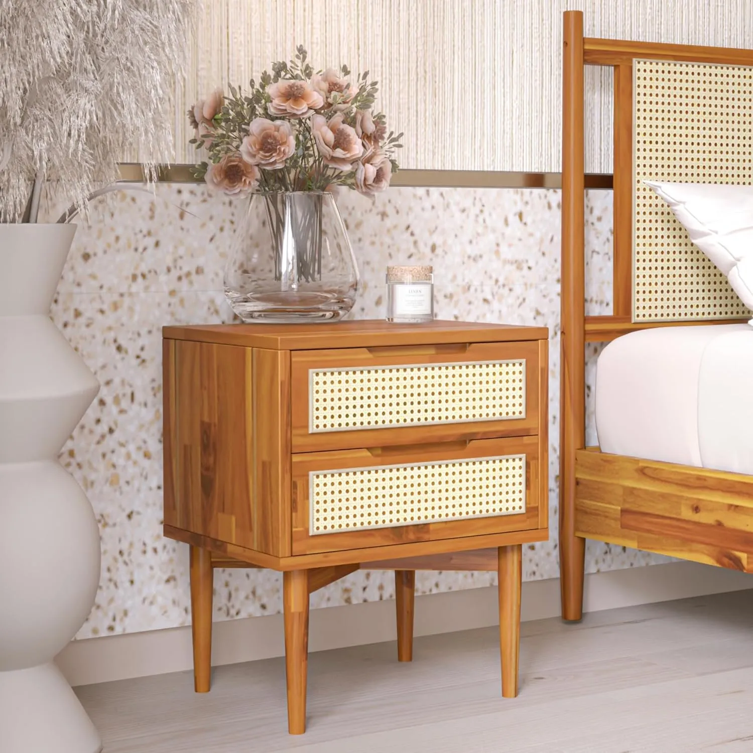 Bme Oliver Solid Wood Rattan Nightstand/Side Table/End Table, Fully Assembled, for Bohemian & Mid Century Style Bedroom and Living Room, Caramel