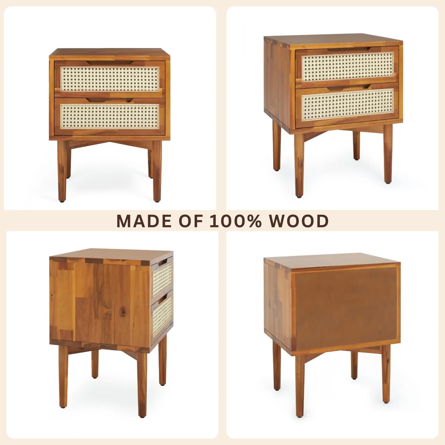 Bme Oliver Solid Wood Rattan Nightstand/Side Table/End Table, Fully Assembled, for Bohemian & Mid Century Style Bedroom and Living Room, Caramel