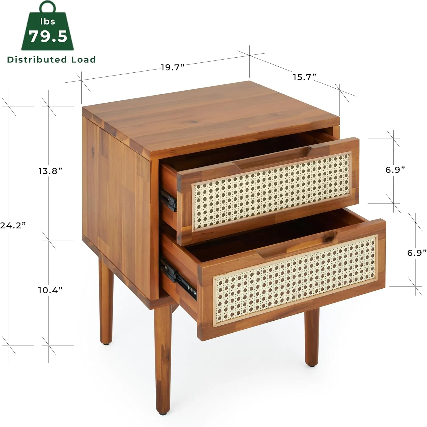 Bme Oliver Solid Wood Rattan Nightstand/Side Table/End Table, Fully Assembled, for Bohemian & Mid Century Style Bedroom and Living Room, Caramel