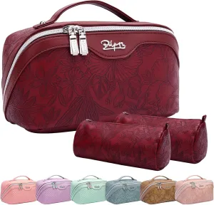BOYATU Travel Makeup Bags Cosmetic Organizer Bag: 3-Set Large Capacity Make up Bag - PU Leather Toiletry Bags for Women - Wide Open Portable Pouch with Divider & Handle (02-Dark Red)
