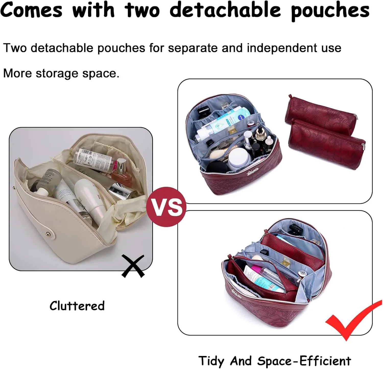 BOYATU Travel Makeup Bags Cosmetic Organizer Bag: 3-Set Large Capacity Make up Bag - PU Leather Toiletry Bags for Women - Wide Open Portable Pouch with Divider & Handle (02-Dark Red)