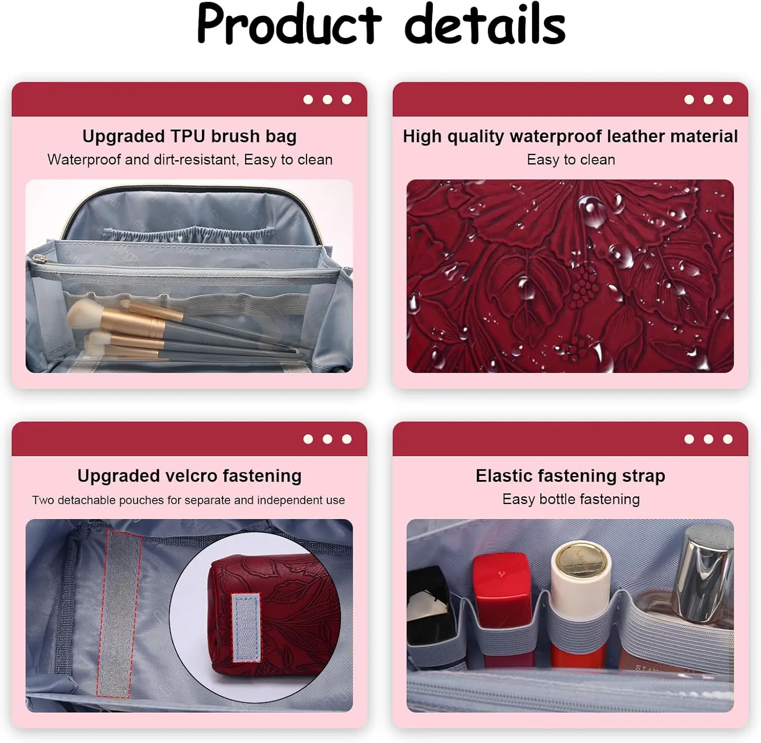 BOYATU Travel Makeup Bags Cosmetic Organizer Bag: 3-Set Large Capacity Make up Bag - PU Leather Toiletry Bags for Women - Wide Open Portable Pouch with Divider & Handle (02-Dark Red)