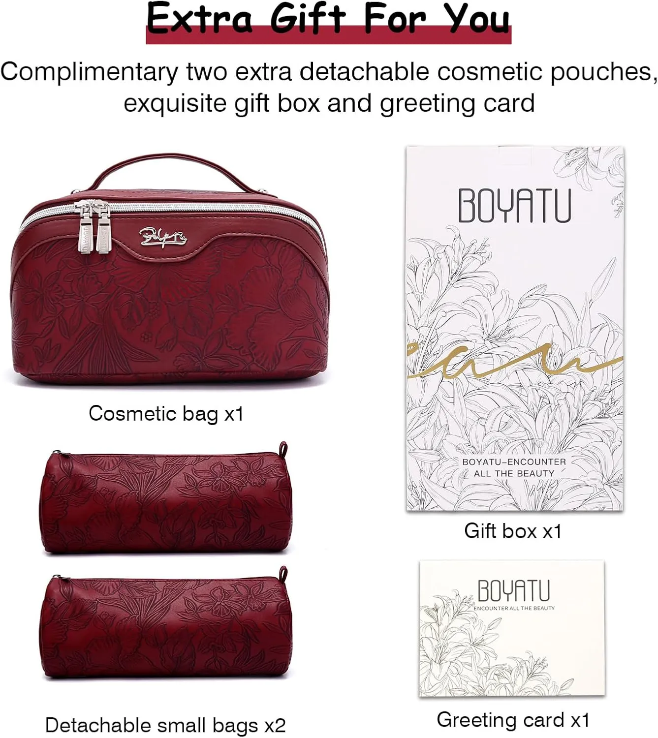 BOYATU Travel Makeup Bags Cosmetic Organizer Bag: 3-Set Large Capacity Make up Bag - PU Leather Toiletry Bags for Women - Wide Open Portable Pouch with Divider & Handle (02-Dark Red)