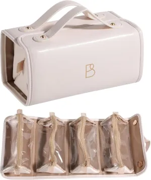 BS-MALL Travel Makeup Bag PU Leather Large Size Elegant Cosmetic Case in Premium PU Leather with 4 Small Bag for Easy Makeup Organization & Travel White
