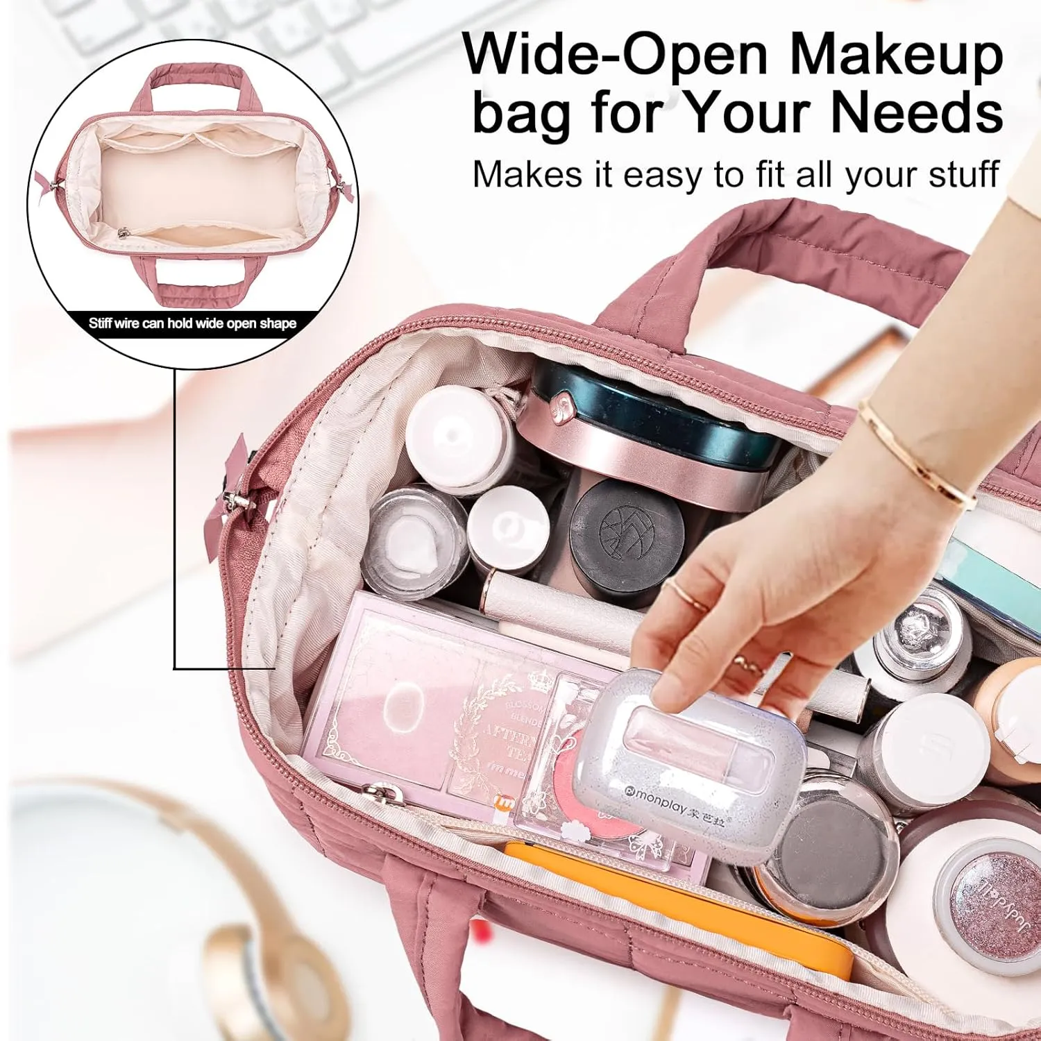 BTOOP Makeup Bag Travel Toiletry Bag for women, Cute Large Make Up Bags Organizer, Wide-open Quilted Cosmetic Bag for Travel Essentials (Dusky Pink)