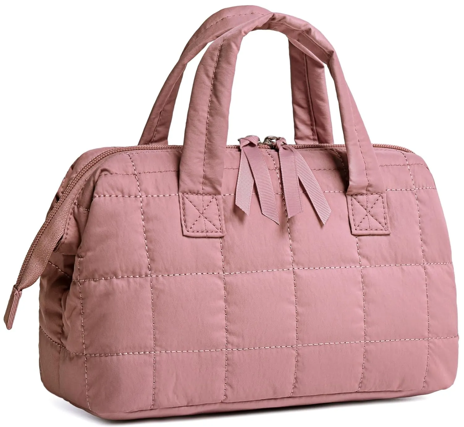 BTOOP Makeup Bag Travel Toiletry Bag for women, Cute Large Make Up Bags Organizer, Wide-open Quilted Cosmetic Bag for Travel Essentials (Dusky Pink)
