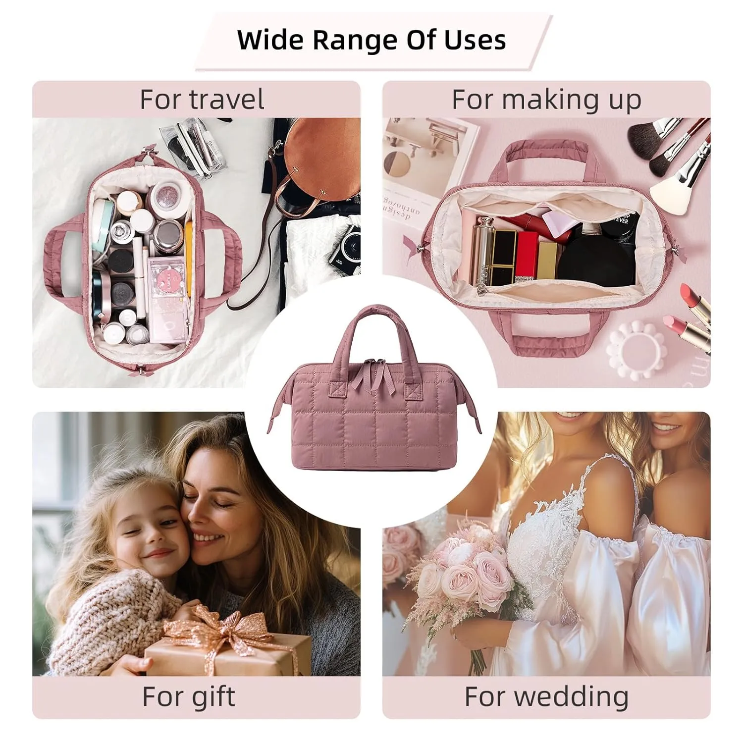 BTOOP Makeup Bag Travel Toiletry Bag for women, Cute Large Make Up Bags Organizer, Wide-open Quilted Cosmetic Bag for Travel Essentials (Dusky Pink)