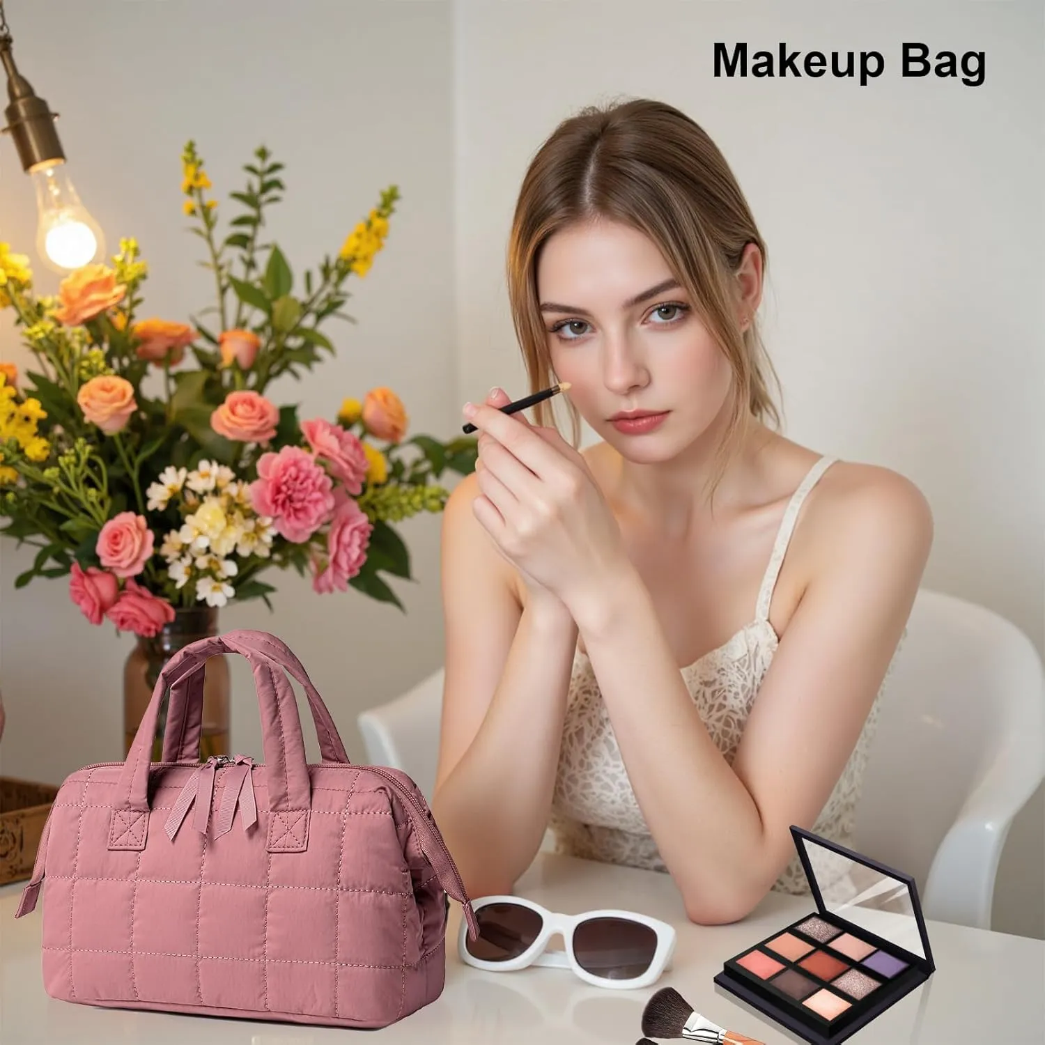 BTOOP Makeup Bag Travel Toiletry Bag for women, Cute Large Make Up Bags Organizer, Wide-open Quilted Cosmetic Bag for Travel Essentials (Dusky Pink)