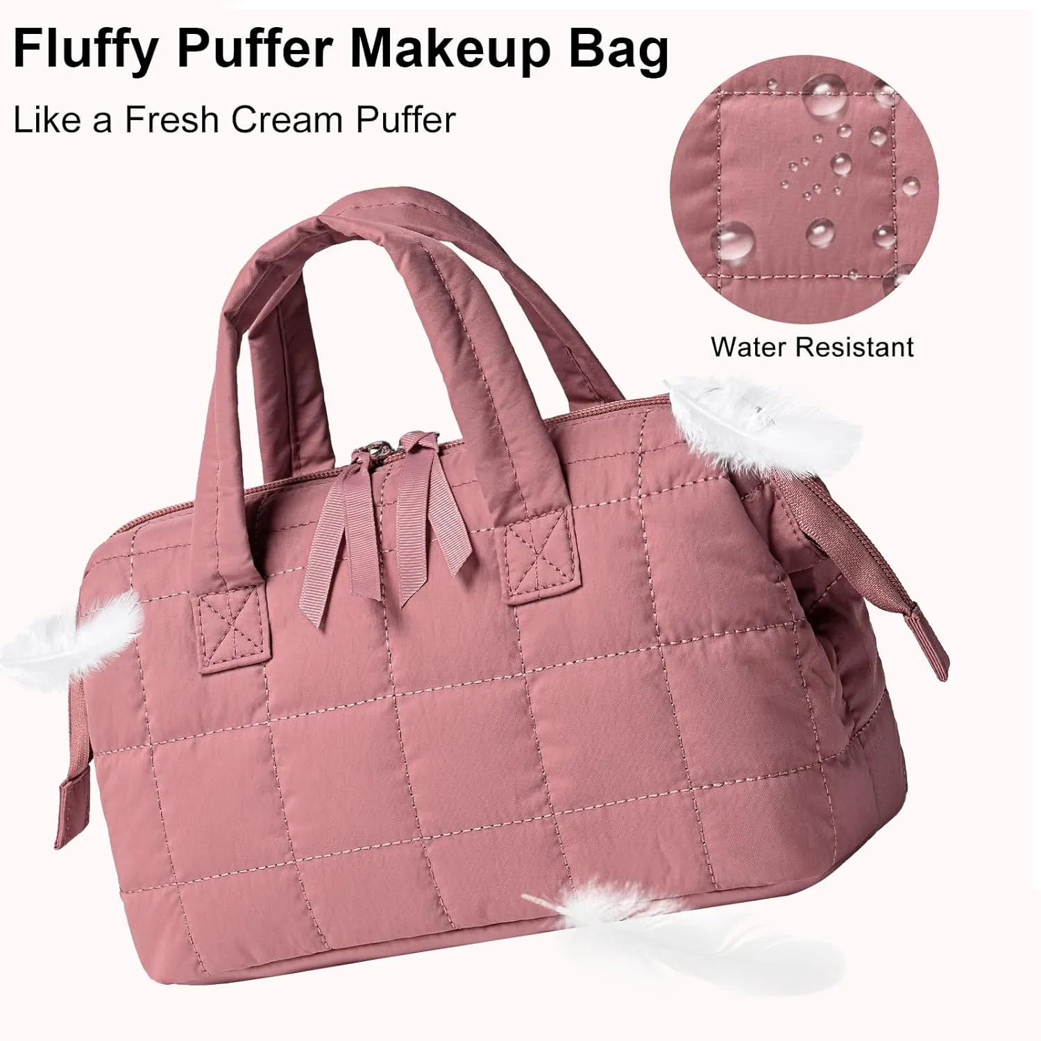 BTOOP Makeup Bag Travel Toiletry Bag for women, Cute Large Make Up Bags Organizer, Wide-open Quilted Cosmetic Bag for Travel Essentials (Dusky Pink)