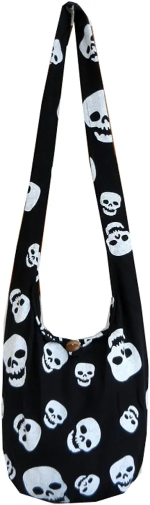 BTP! Skull Punk Rock Hippie Hobo Thai Cotton Sling Crossbody Bag Messenger Purse Small (Black SKS5)