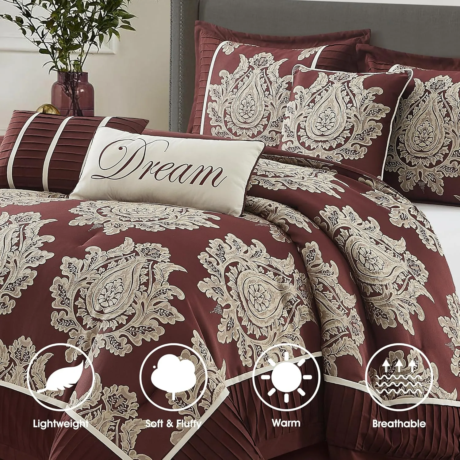 Burgundy Queen Comforter Set 7 Pieces, Jacquard Woven with Damask, Bedding Set in a Bag Includes Comforter, Bed Skirt, Pillow Shams, and Decorative Pillows