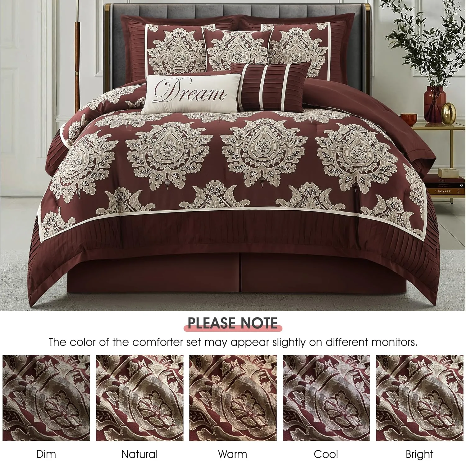 Burgundy Queen Comforter Set 7 Pieces, Jacquard Woven with Damask, Bedding Set in a Bag Includes Comforter, Bed Skirt, Pillow Shams, and Decorative Pillows