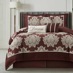 Burgundy Queen Comforter Set 7 Pieces, Jacquard Woven with Damask, Bedding Set in a Bag Includes Comforter, Bed Skirt, Pillow Shams, and Decorative Pillows