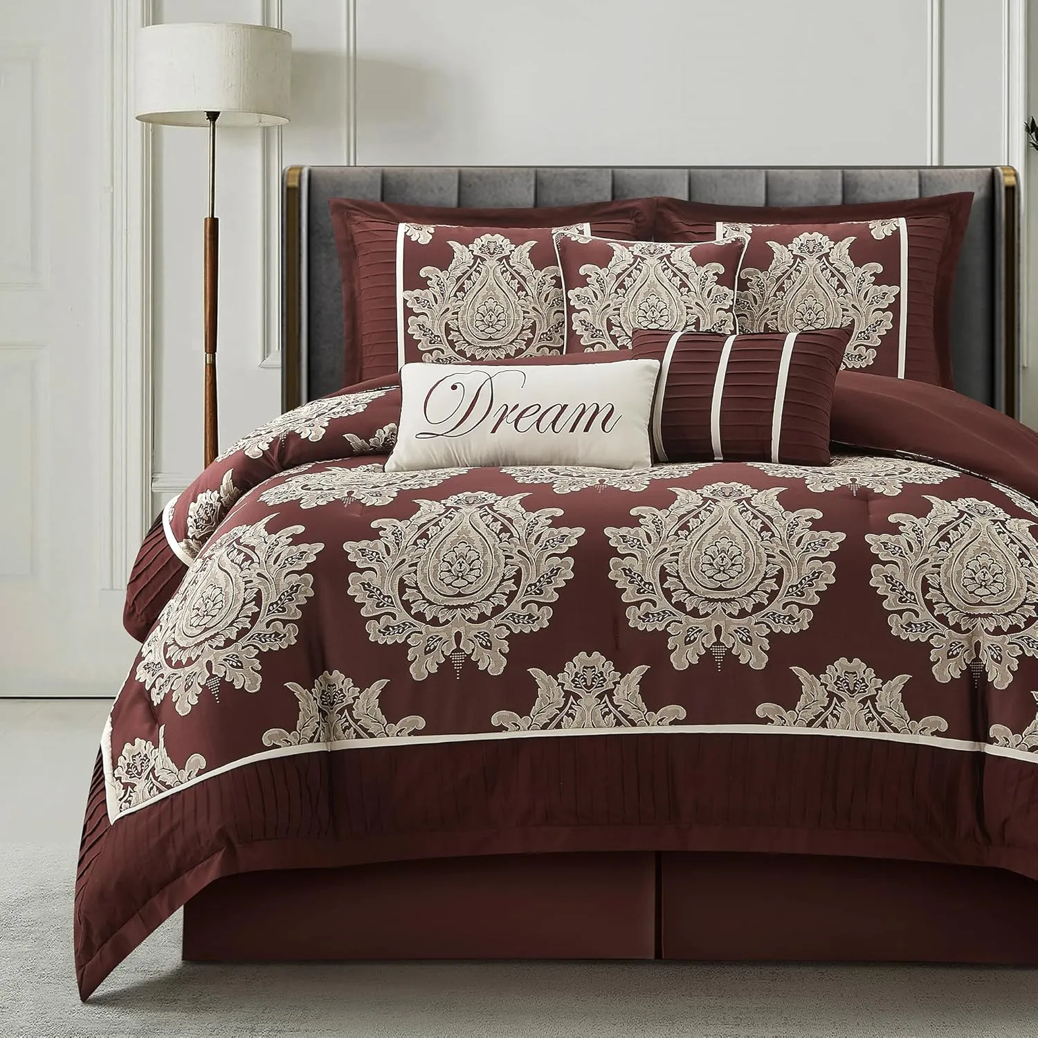Burgundy Queen Comforter Set 7 Pieces, Jacquard Woven with Damask, Bedding Set in a Bag Includes Comforter, Bed Skirt, Pillow Shams, and Decorative Pillows
