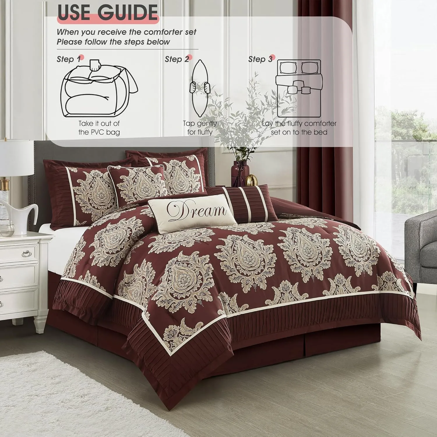 Burgundy Queen Comforter Set 7 Pieces, Jacquard Woven with Damask, Bedding Set in a Bag Includes Comforter, Bed Skirt, Pillow Shams, and Decorative Pillows