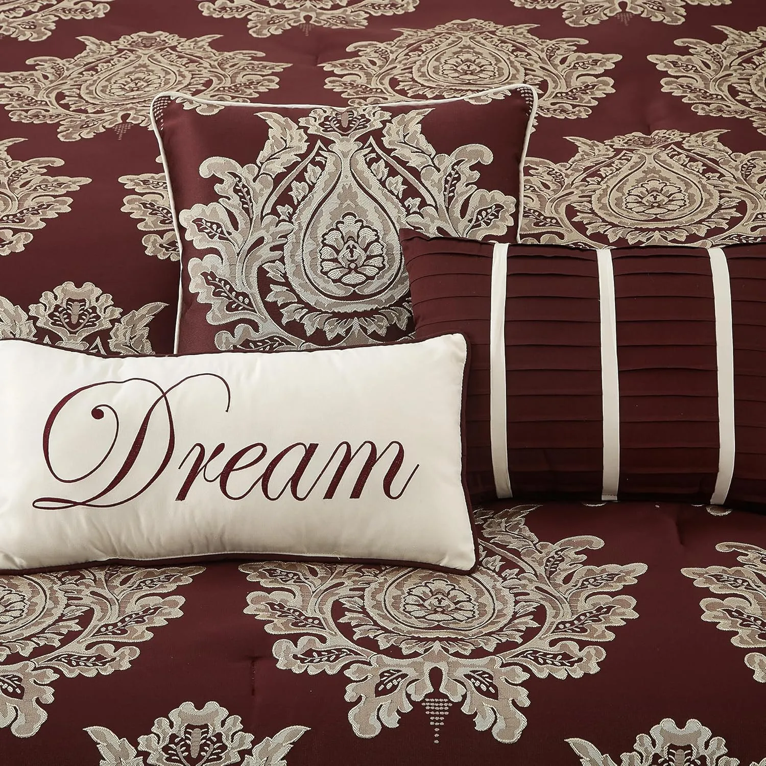 Burgundy Queen Comforter Set 7 Pieces, Jacquard Woven with Damask, Bedding Set in a Bag Includes Comforter, Bed Skirt, Pillow Shams, and Decorative Pillows