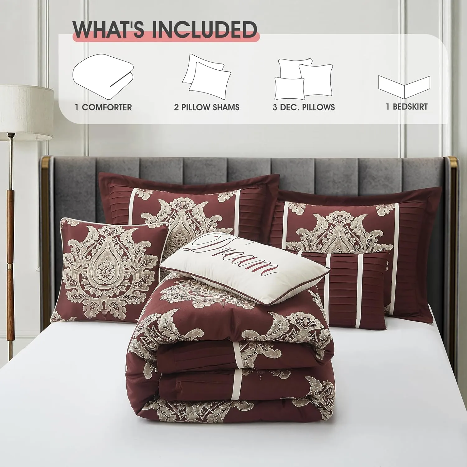 Burgundy Queen Comforter Set 7 Pieces, Jacquard Woven with Damask, Bedding Set in a Bag Includes Comforter, Bed Skirt, Pillow Shams, and Decorative Pillows