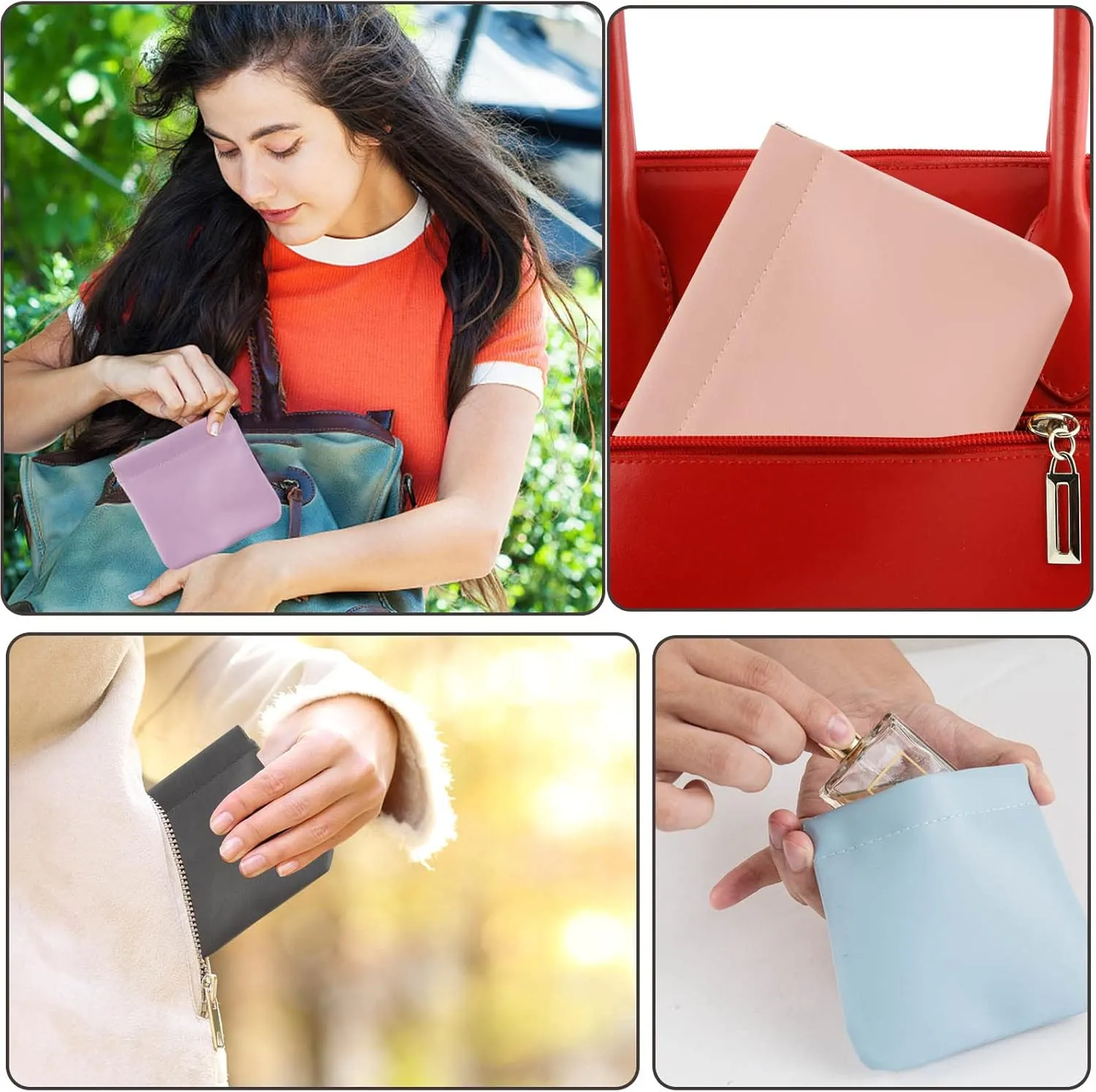 CANIPHA 8pcs Lambskin Pocket Cosmetic Bag, Waterproof Portable Small Makeup Bag No Zipper Self-closing Pouch for Women Mini Travel Storage Cosmetics Headphones Jewelry