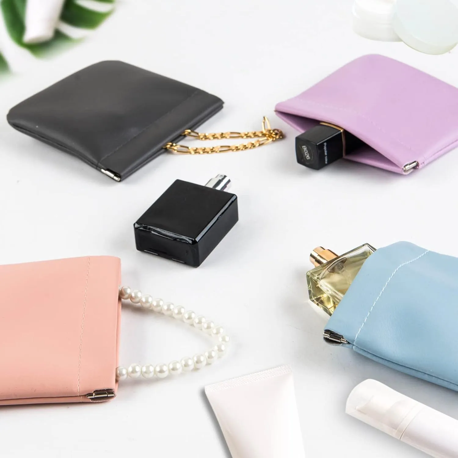 CANIPHA 8pcs Lambskin Pocket Cosmetic Bag, Waterproof Portable Small Makeup Bag No Zipper Self-closing Pouch for Women Mini Travel Storage Cosmetics Headphones Jewelry