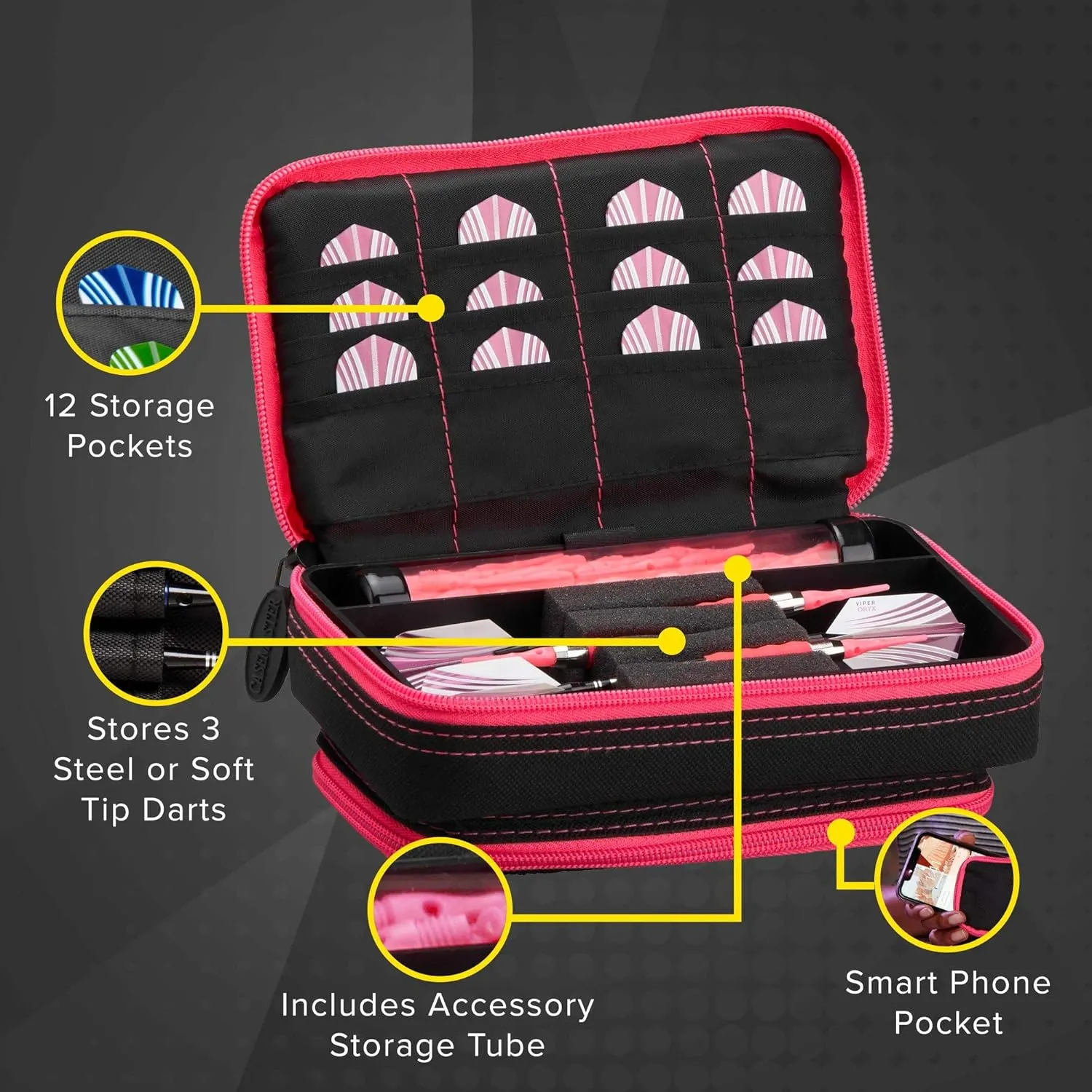 Casemaster Plazma Plus, 3 Dart Case for Soft and Steel Tip Darts Features Large Front Mobile Device Pocket, Built-in Storage Tube and Pockets for Flights, Tips, Shafts, and Personal Items