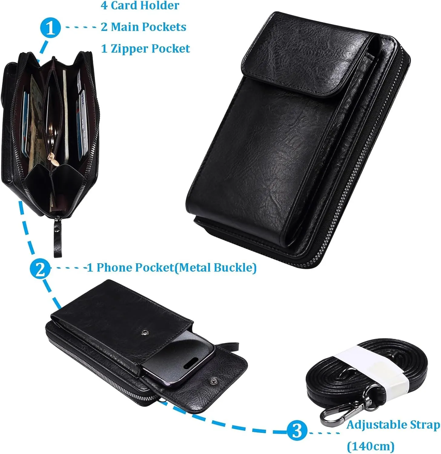Cell Phone Protective Holster Case Small Crossbody Wallet Bag,Cell Phone Shoulder Bag Purse Handbag with Card Holder, Travel Phone Bag(Black)