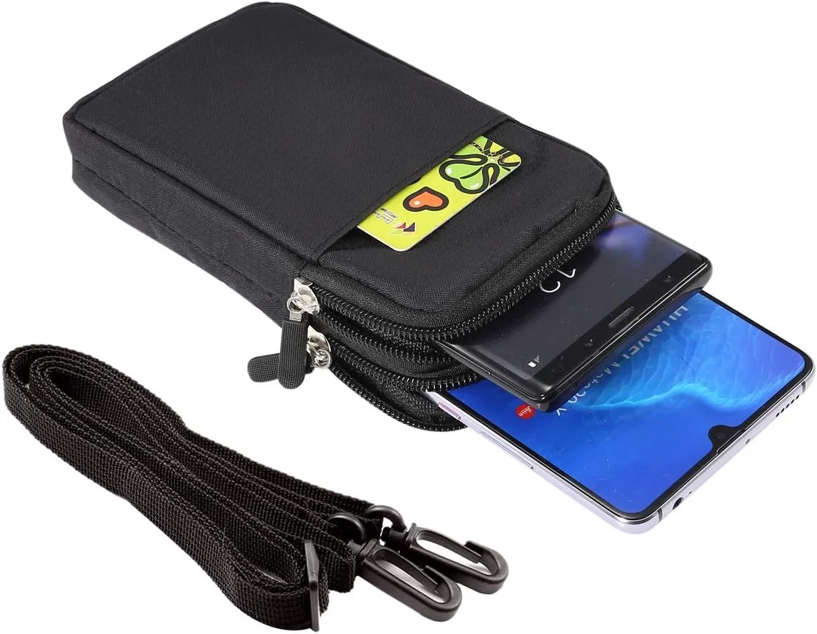 Cellphone Belt Clip Holster Men, Nylon Crossbody Cell Phone Purse, 6.9" Cellphone Belt Case Holder Mens Smartphone Belt Loop Pouch Zipper Pockets for iPhone 15 14 13 12 Pro Max Case 7 8 Plus, Black