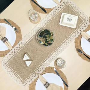 Chardin Home Woven Jute with Ivory Handcrafted Crochet Border Decorative Table Runner, 13x36 Inch, Artisanally Crafted Rustic Farmhouse Table Topper, Perfect for Tables