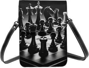 Chess-Battle Microfiber Pu Leather Crossbody Phone Bag, Portable Shoulder Phone Wallet
