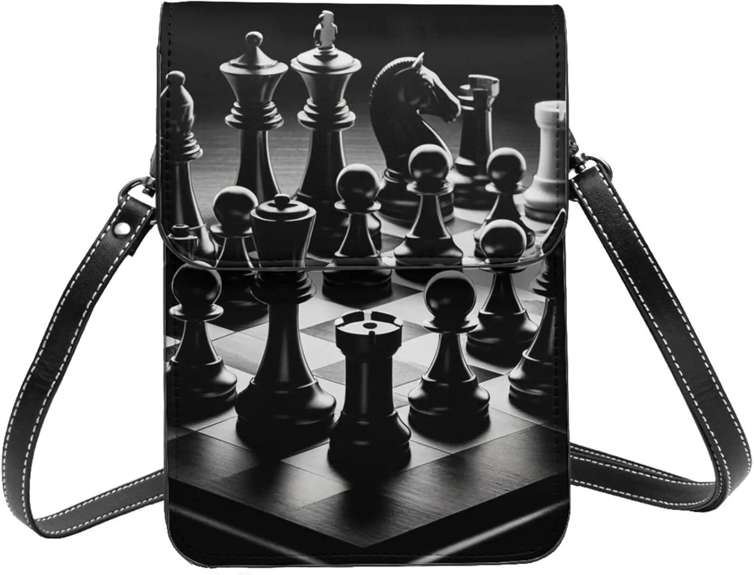 Chess-Battle Microfiber Pu Leather Crossbody Phone Bag, Portable Shoulder Phone Wallet