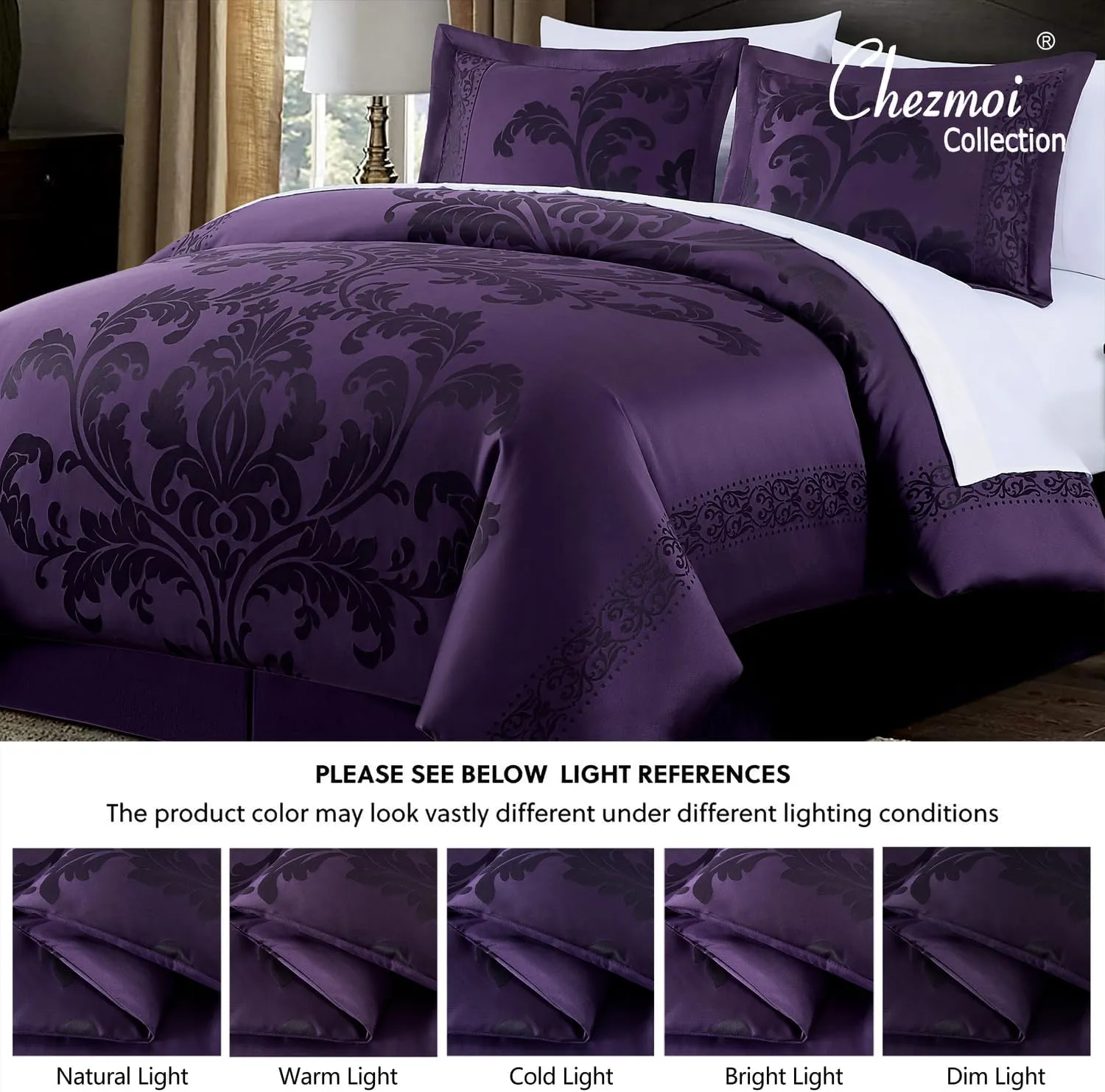 Chezmoi Collection Valor 7-Piece Bed in a Bag King, Purple/Dark Purple Luxury Jacquard Floral Comforter with Sheets Set for All Season