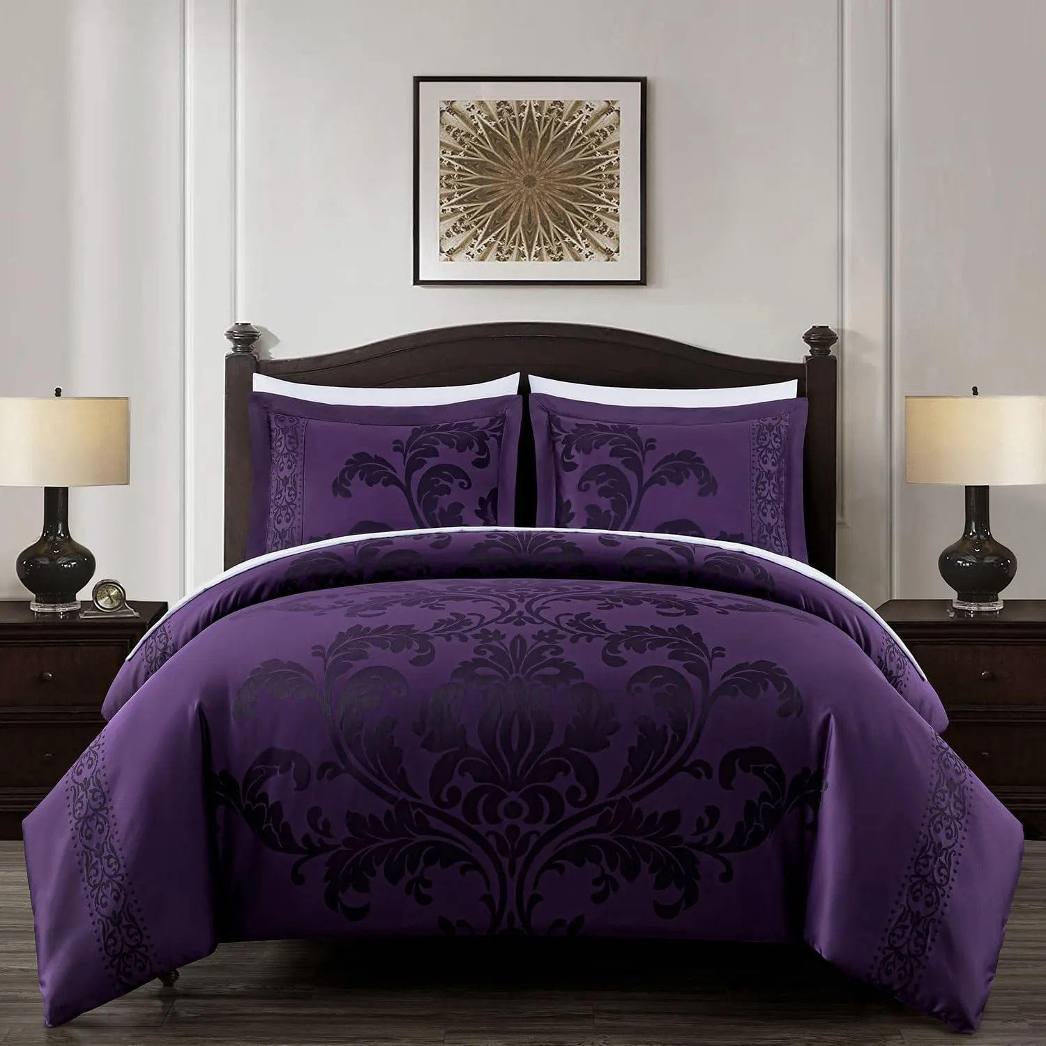 Chezmoi Collection Valor 7-Piece Bed in a Bag King, Purple/Dark Purple Luxury Jacquard Floral Comforter with Sheets Set for All Season