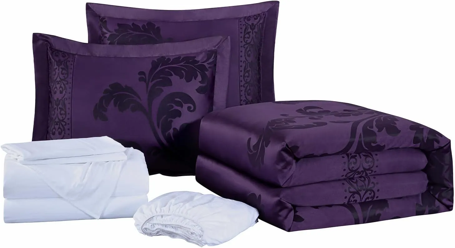 Chezmoi Collection Valor 7-Piece Bed in a Bag King, Purple/Dark Purple Luxury Jacquard Floral Comforter with Sheets Set for All Season
