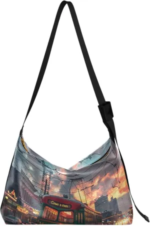 City Tram Streetcars Crossbody Bag Hobo Handbag Purse Fashion PU Leather Shoulder Bags for Women