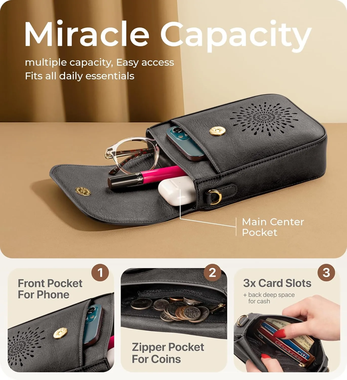 Claasico Crossbody Bag for Women, RFID Phone Purse, Card Slots Coin Pocket w/strap, Phone Holder PU Leather Crossbody Purse