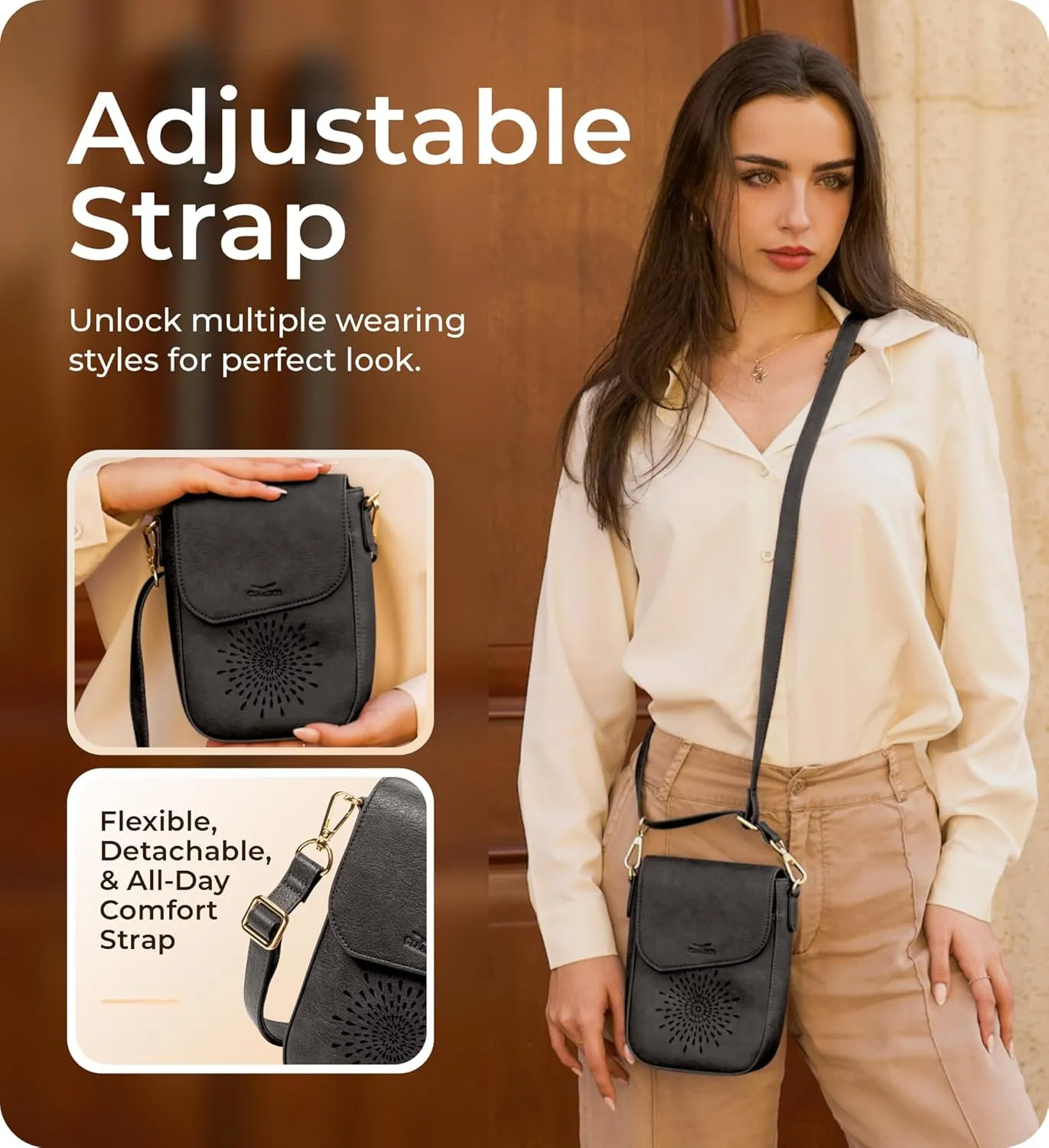 Claasico Crossbody Bag for Women, RFID Phone Purse, Card Slots Coin Pocket w/strap, Phone Holder PU Leather Crossbody Purse