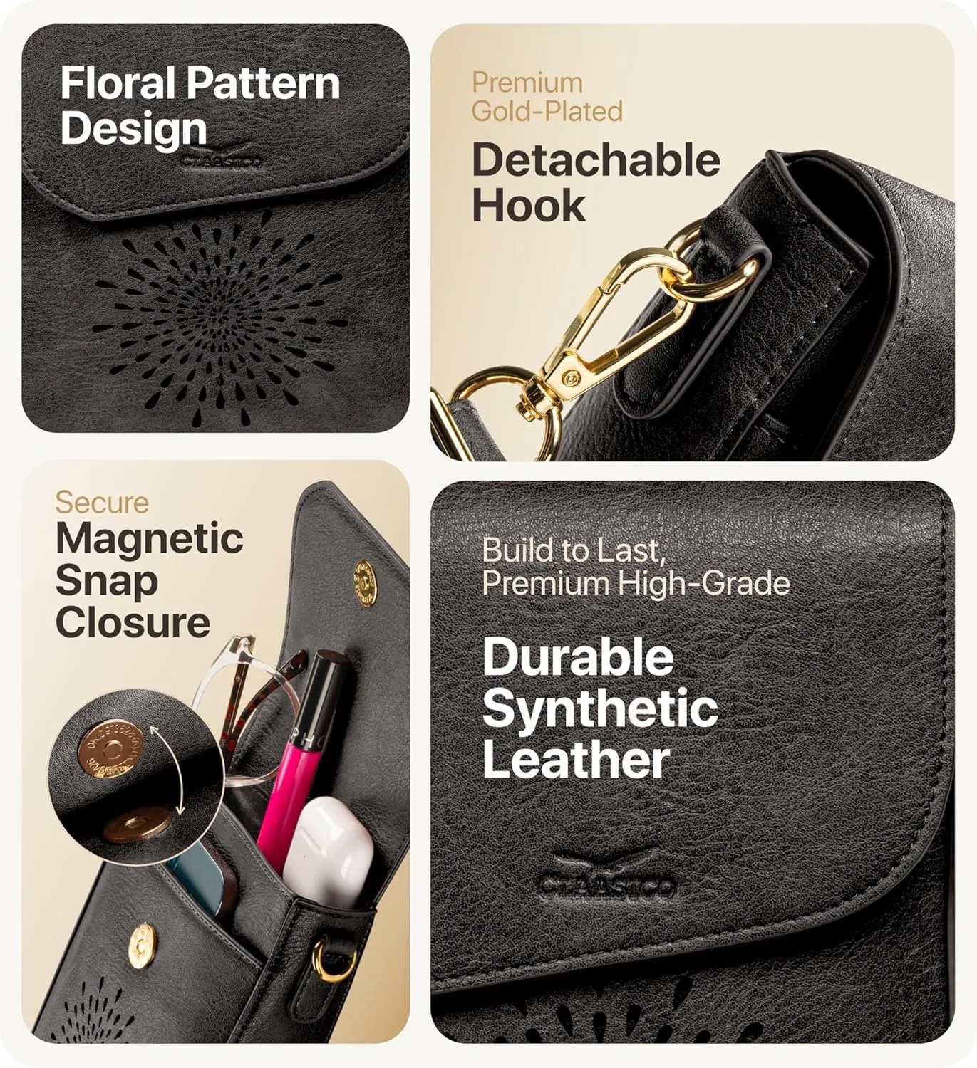 Claasico Crossbody Bag for Women, RFID Phone Purse, Card Slots Coin Pocket w/strap, Phone Holder PU Leather Crossbody Purse