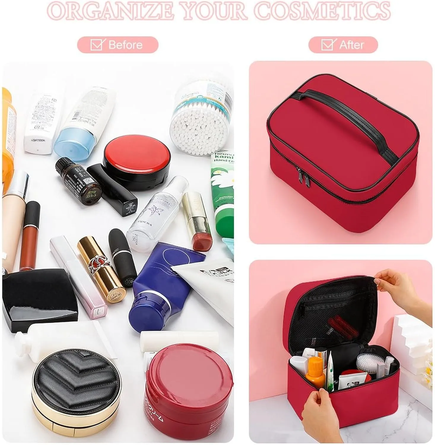 Classic Solid Red Makeup Bag, Portable Travel Cosmetic Case Zipper Toiletry Bag for Women Girls