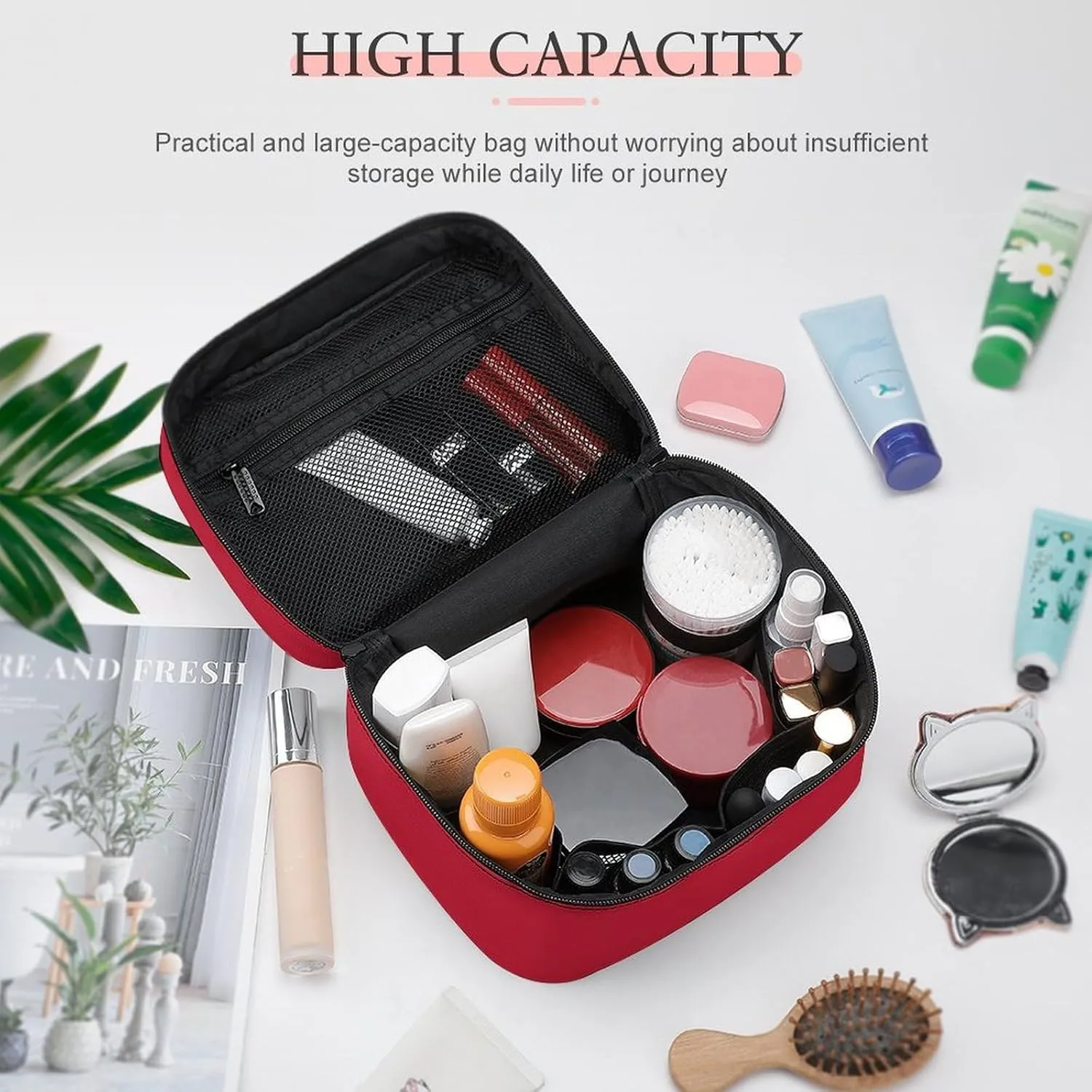Classic Solid Red Makeup Bag, Portable Travel Cosmetic Case Zipper Toiletry Bag for Women Girls