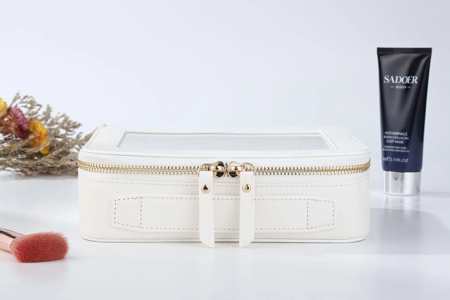 Clear Cosmetic Bag for Women | Waterproof Travel Toiletry Organizer with TSA Lock | Zippered Makeup Bag | Clear Storage Bag for Vacation & Gym（White,Medium